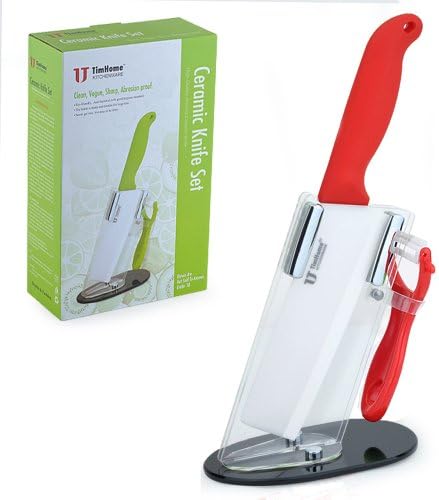 TimHome Kitchen Ceramic Paring Knives 2 Piece Block Set - 6 Inch Chef Vegetable Fruit Cleaver and 1 Peeler -- White Blade (Red Handle)