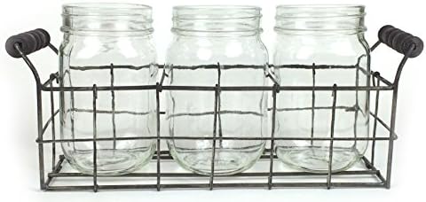 Set of 3 Clear Glass Mason Jars in Wire Tray with Wooden Handles, Flatware Caddy Organizer Set for Home & Parties