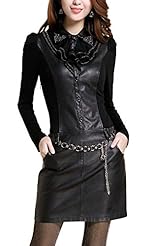 Belted Above the Knee Long Sleeves Puff Sleeves Shift Leather  Shirt Tunic/Mini Dress 