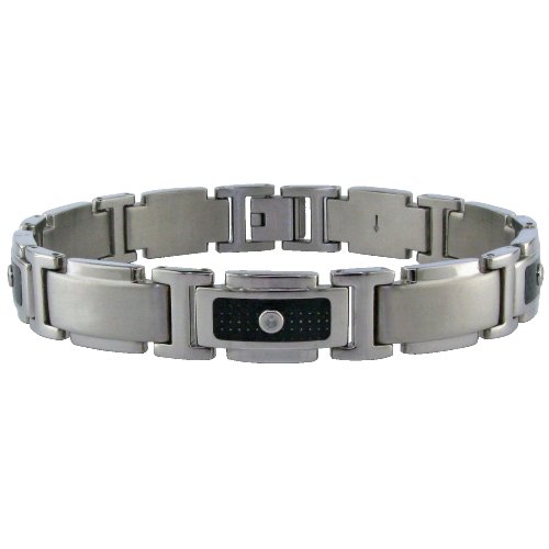 Stainless Steel Men’s Link Bracelet w/ Diamond Accent & Carbon Fiber (1/10 cttw), 8.75