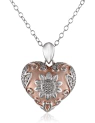 Sterling Silver Filigree Heart Diamond 1/10 cttw Pink Plated Pendant Necklace, 18"
