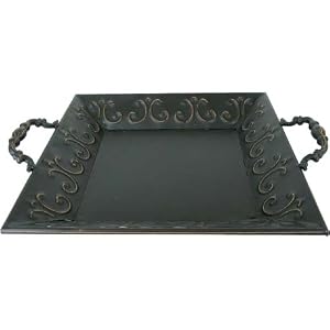 Black Metal Embossed Edges Tray with Handles, 12 1/2 Inches Square