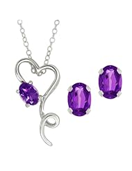 1.95 Ct Purple Amethyst Sterling Silver Heart Pendant Earrings Set + 18" Chain