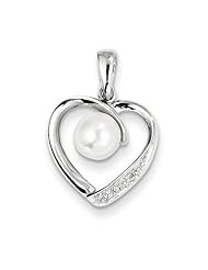 Sterling Silver 6mm FW Cultured Pearl & Diamond Heart Pendant