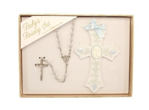 Religious Baby Boy Beaded Rosary and Porcelain Cross 2-Piece Set