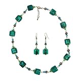 Necklace - Earrings Set - N498 - Murano & Glass Beads + Matching Earrings ~ Teal Squares