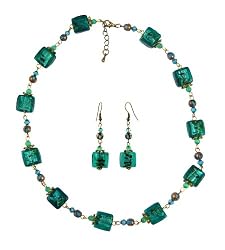 Necklace - Earrings Set - N498 - Murano & Glass Beads + Matching Earrings ~ Teal Squares