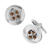 Round Button-Look Cufflinks with Thick Rhodium Plated Edge and Light Amber Color Crystals
