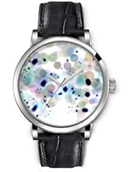 SPRAWL Aanalog Fashion Series Silver Ladies Watches of Genuine Black Leather Strap,Unique Wrist Watch for Women Girls Designed with Colored circles and ink stain
