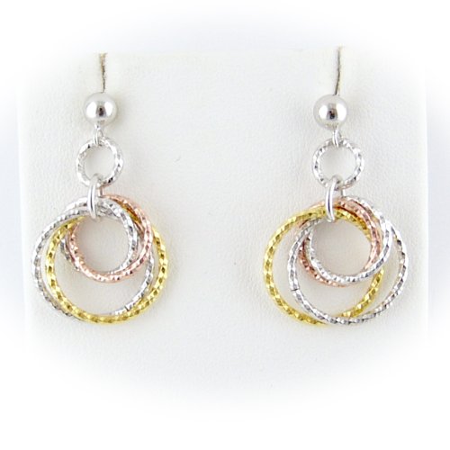 Tri-color Rose, Yellow Gold Plated Rings Sterling Silver Diamond Cut Ball Nickel Free Earrings Italy