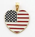 Red/White/Blue Enameled American Flag Heart Charm, 14K Yellow Gold