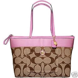 Coach Signature Stripe Zip Top Bag Tote 11691 Pink