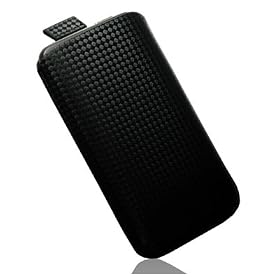 TheTechTree - Black PU Leather Carbon Slip In Pull Up Tab Pocket Pouch Case Cover For LG Optimus 7 E900, L3 E400