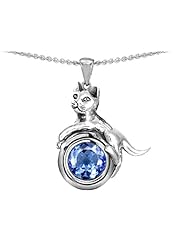 Original Star K (tm) Cat Lover Pendant with March Birthstone Simulated Aquamarine in 925 Sterling Silver