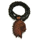 Brown Wooden Indian Cherokee Chief Pendant with a 36 Inch Beaded Necklace Chain Good Quality Wood