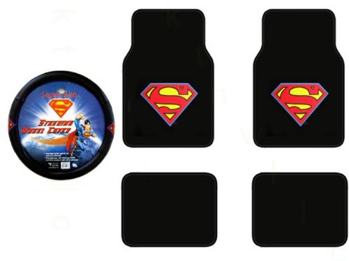 A Set of 4 Universal Fit Superman Classic Red and Yellow Shield Plush Carpet Floor Mats and 1 Comfort Grip Steering Wheel Cover
