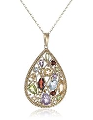 18k Yellow Gold Plated Sterling Silver Genuine Multi-Gemstone Teardrop Pendant Necklace, 18"