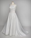 White Satin Wedding Gown with Rum Pink Ribbons at Waist