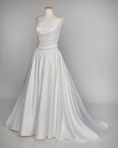 White Satin Wedding Gown with Rum Pink Ribbons at Waist