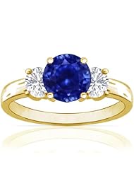 18K Yellow Gold Round Cut Blue Sapphire Three Stone Ring