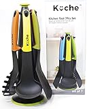 K&Uuml;CHE Premium 7-Pieces Heat Resistant Nylon Silicone Raised UP Kitchen Cooking Utensils Set with Holder and 360 Degree Rotating Carousel Stand (Multi Color)