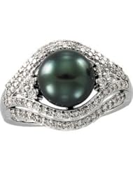 Jewelplus Tahitian Cultured Pearl & Diamond Ring 14K White 09.00Mm Round/Near Round