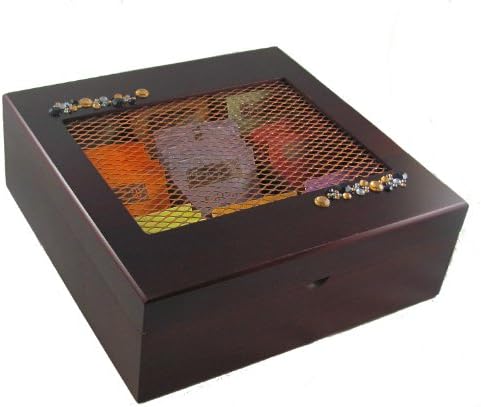 Wooden Tea Box with Amber & Onyx Crystals and Copper Window includes 45 TAZO Tea Bags in 9 flavors. Hinged, Cherry Finished Wooden Sampler Tea Chest FLAVORS: Wild Sweet Orange, China Green Tips, Organic Chai, Calm Chamomile, Earl Grey Tea, Zen Green Tea, Passion Herbal Decaf, Lotus Decaf Green Tea, Awake! Black Tea