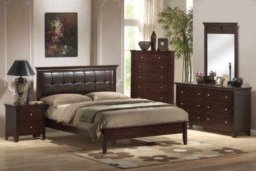 Beautiful Solid Wood Queen Bed Set in Dark Brown Finish with Brown Faux Leather Pds F90151 F40565 F40566 F40567 F40568