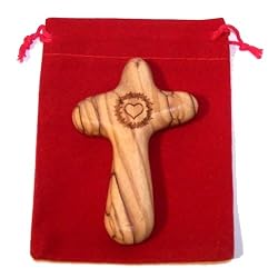 Olive wood Comforting or healing Cross engraved with Crown of Thorns and Heart of our Lord Package. Comes with gift box,Velvet bag & Lord's Prayer card - 3 " Cross