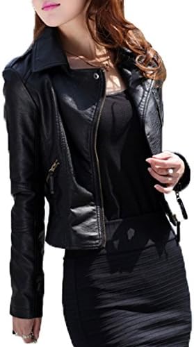 Women's Plus Size Slim Lapel Faux Leather Biker Motorcycle Zipper Jacket Coat Black Large