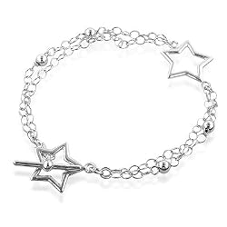 Sterling Silver Stars & 2-Strand Oval Link Toggle Bracelet - 7.7″