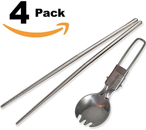 STEELUTION: All Stainless Break-Down Travel Spoon and Chopsticks. Lightweight and ships with no plastic packaging. (4 Piece Set)