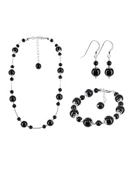 Sterling Silver Black Onyx Beads Bracelet Earrings with Necklace Jewelry Set Made with Swarovski Elements