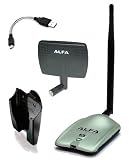 Alfa AWUS036NH 2000mW 2W 802.11g/n High Gain USB Wireless G / N Long-Range WiFi Network Adapter with 5dBi Screw-On Swivel Rubber Antenna and 7dBi Panel Antenna and Mini bendable Flex cable and Suction cup / Clip Window Mount