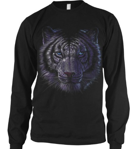 White Tiger Mens Thermal Shirt, Liquid Blue Oversized Design Mens Long Sleeve Thermal Shirt, X-Large, Black