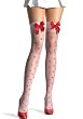 Valentine's Day Sheer Thigh High Nylon Stocking With Woven Heart Print And Satin Bow (White/Red;One Size)