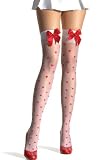 Valentine's Day Sheer Thigh High Nylon Stocking With Woven Heart Print And Satin Bow (White/Red;One Size)