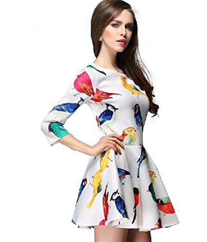 YeeNoke® レディースファッション ワンピース  7分袖 バードプリント フレアミニワンピースフレアワンピース XS S M L XL 2XL