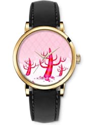 SPRAWL Aanalog Fashion Series Gold Ladies Watches of Genuine Black Leather Strap,Unique Wrist Watch for Women Girls Designed with Trunk roses