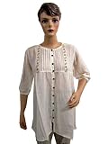 Women's White Tunic Tops Brown Floral Embroidered Boho Fashion Blouse M