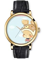 SPRAWL Aanalog Fashion Series Gold Ladies Watches of Genuine Black Leather Strap,Unique Wrist Watch for Women Girls Designed with Cute Bear hat