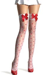 Valentine's Day Sheer Thigh High Nylon Stocking With Woven Heart Print And Satin Bow (White/Red;One Size)