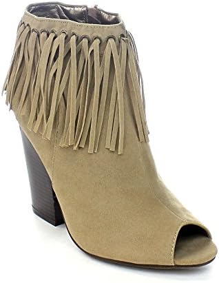 ADIRANA JARLYN-33 Women's Stacked Chunky Heel Peep Toe Fringe Ankle Booties, Color:BEIGE, Size:10