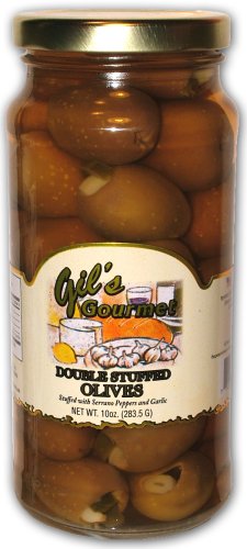 Gourmet Stuffed Olives, Serrano Pepper and Garlic Double Stuffed Olives, 10oz. Glass Jar by Gil's Gourmet