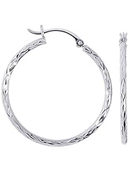 14K White Gold Diamond Cut Tube Round Hoop Earrings (29 x 29 mm)