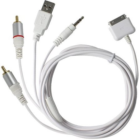 Extra Long 3-in-1 Audio and Sync Cable for iPod and iPhone - Apple 30 Pin Connector to 3.5mm Audio AUX (Auxiliary) Connector, 2 Audio RCA AND USB Charge/Sync Connector - 6 Feet Long