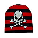 RED & BLACK STRIPED W/SKULL BEANIE CAP HAT