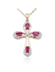 18k Yellow Gold Plated Sterling Silver Created Red and Diamond Accent Cross Pendant, 18"