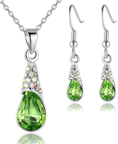 Arco Iris Raindrop Swarovski Elements Crystal Pendant Necklace and Earrings Set for Women W White Gold Plated Chain Various Colors