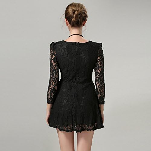 Oupay Women Fall Winter 3/4 Lace Sleeve Slim Fit Mini Bubble Pleated Dress XXXXXL Black